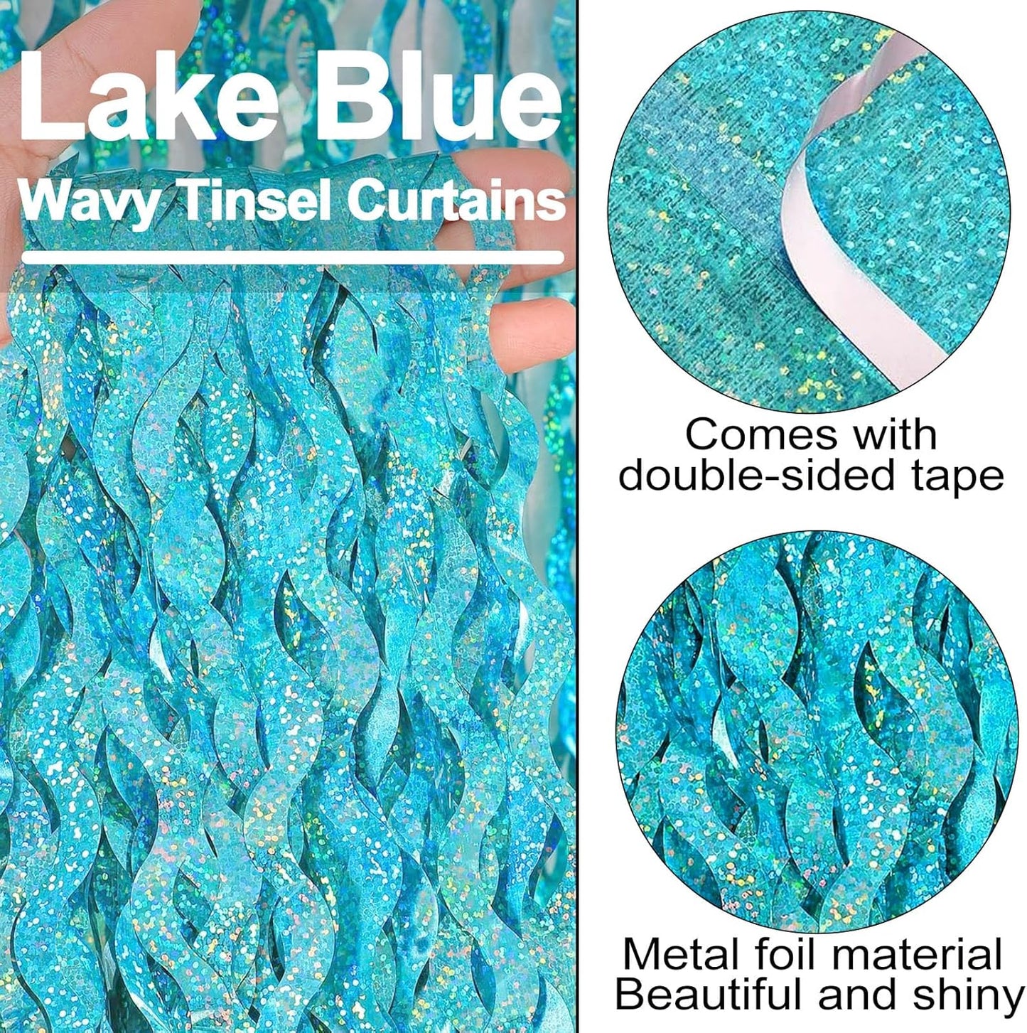 4 Pack Lake Blue Fringe Curtain Backdrop 3.2Ft x 8.2Ft Metallic Tinsel Foil Fringe Streamers Background for Photo Booth, Easter, Mother's Day, Bachelorette, Wedding, Birthday Party Decoration