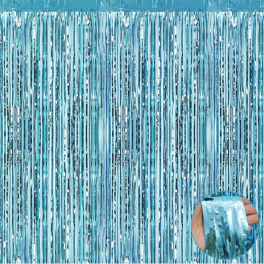 4 Pack Light Blue Foil Fringe Curtain Backdrop, 3.3Ft x 9.8Ft Metallic Tinsel Foil Fringe Streamers Curtains for Photo Booth, Wedding, Thanksgiving, Birthday, Christmas, Halloween Party Decoration