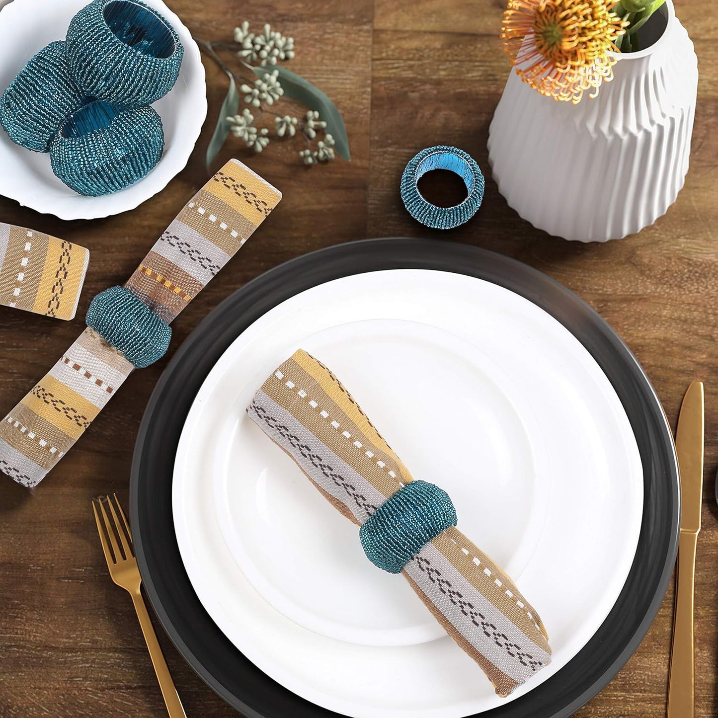 Teal Napkin Ring, Napkin Rings Set of 12, Beaded Napkin Holders, Fall Napkin Rings Bulk for Christmas Party Decoration, Dinning Table, Everyday, Family Gatherings - Set Your Table with Style - Teal
