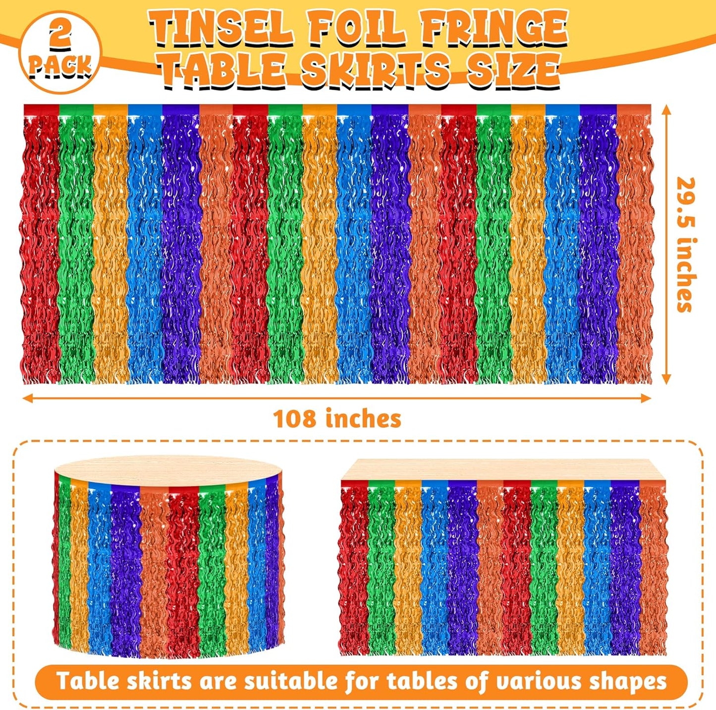 Day of the Dead Table Decorations, 2 Pack Dia De Los Muertos Fiesta Desk Skirts Supplies, Mexican Theme Metallic Wavy Tinsel Foil Fringe Table Skirts, Rainbow Skirts for Mexico Day of The Dead Decor