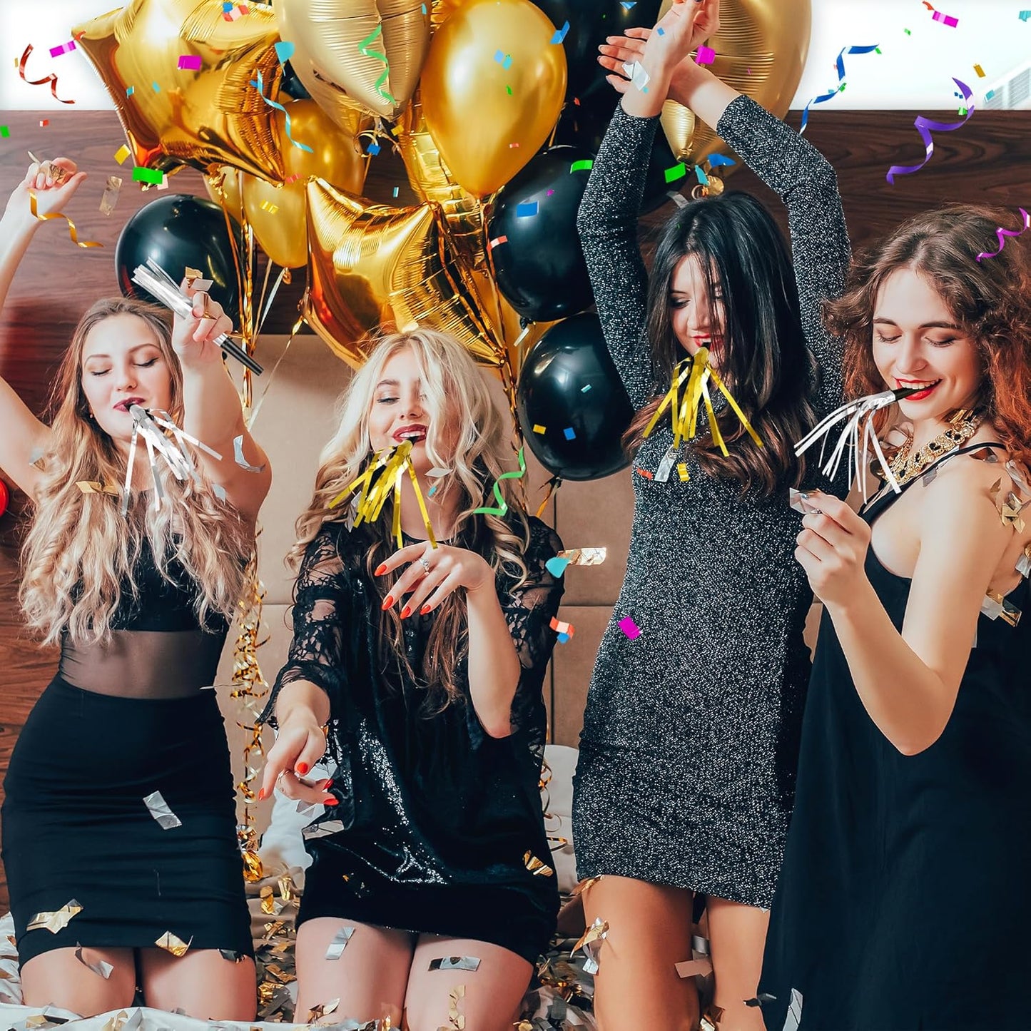 12 Pcs Glitter Noise Makers Metallic Fringed Party Blower for Adults Birthday Graduation New Years Party Favors Supplies (Silver)