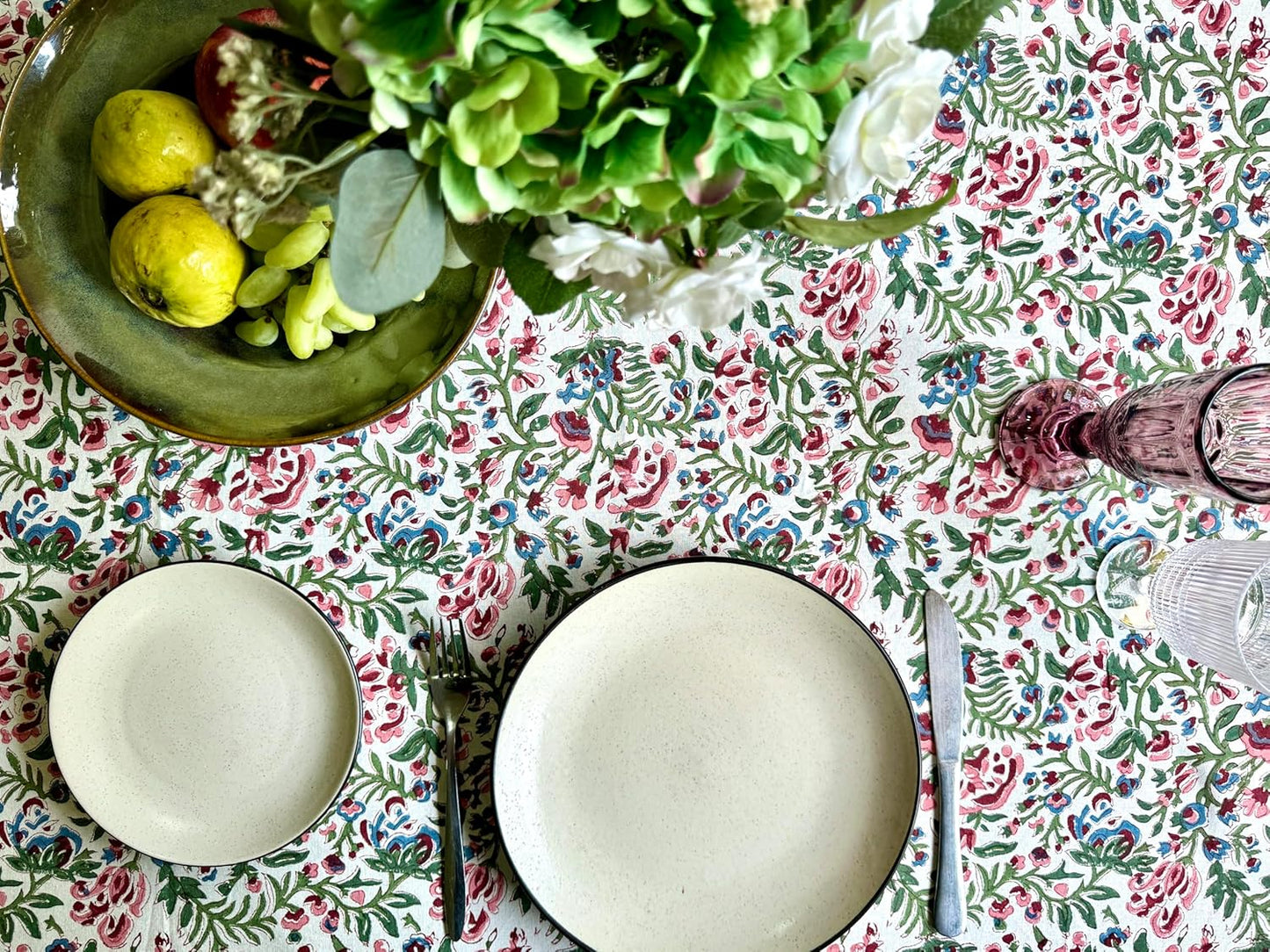 ATOSII Ambrosia 100% Cotton Rectangle Summer Tablecloth, Block Print Floral Table Cloth Linen for Kitchen Dining Parties Wedding Outdoors I Grand Millennial 60 X 90 Inches I 6 Seater I Memorial Day