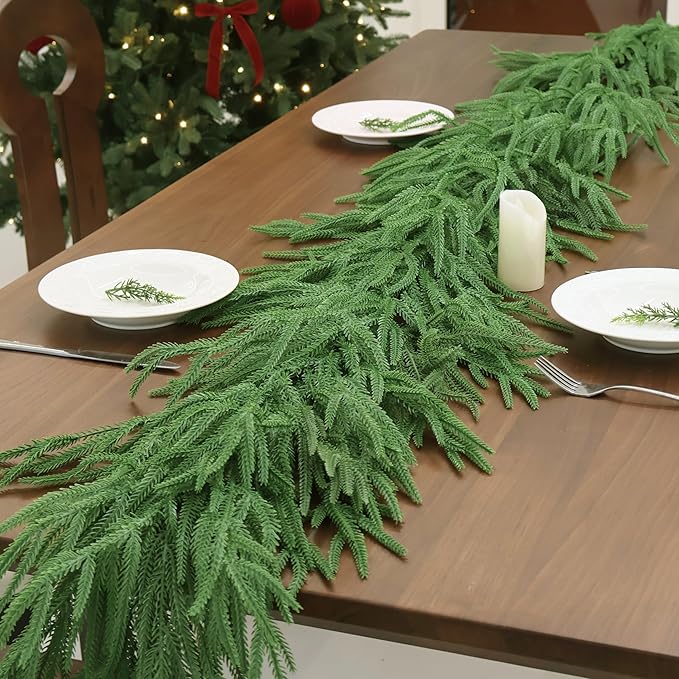 2PCS 9FT Christmas Garland Norfolk Pine Garland Real Touch Artificial Greenery Garland for Mantle Fireplace Table Indoor Outdoor Decor