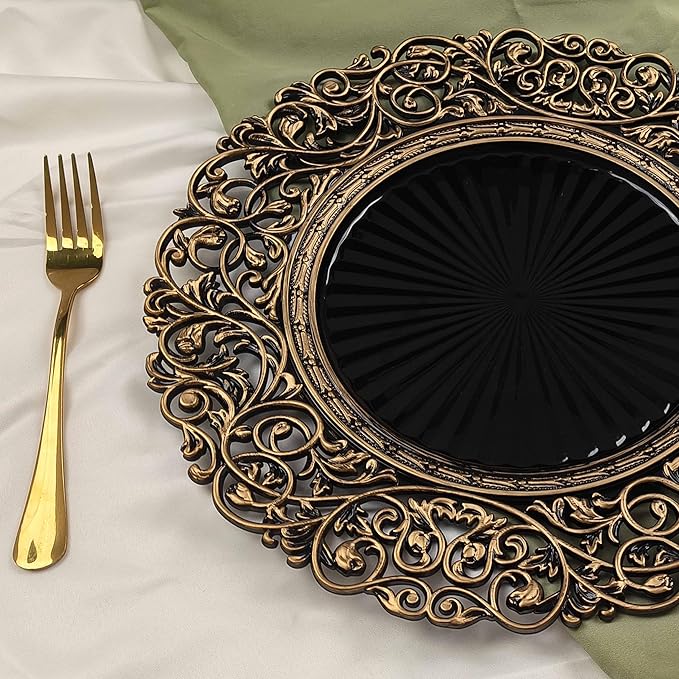 13inch Round Plastic Charger Plates,Set of 8,Charger Plates for Dinner,Wedding,Party,Event Decoration. (Black gold edge) …