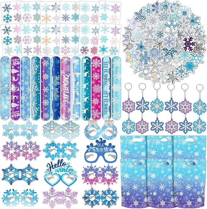 110 PCS Snowflake Party Favors, Snowflake Temporary Tattoos Slap Bracelets Paper Eyeglasses Stickers Keychains Gift Bags Winter Snowflake Birthday Party Decorations Supplies