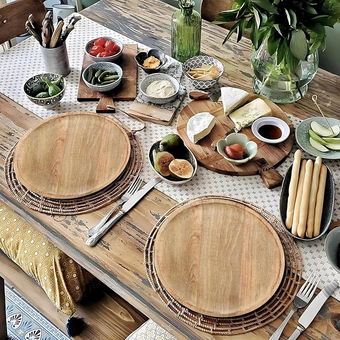 Lightnpro Round Wood Plates - 13 Inch Natural Hand Made Wooden Charger Plates, Easy Cleaning Lightweight Serving Plates for Dishes, Snack, Dessert, Salad - 2 Pack