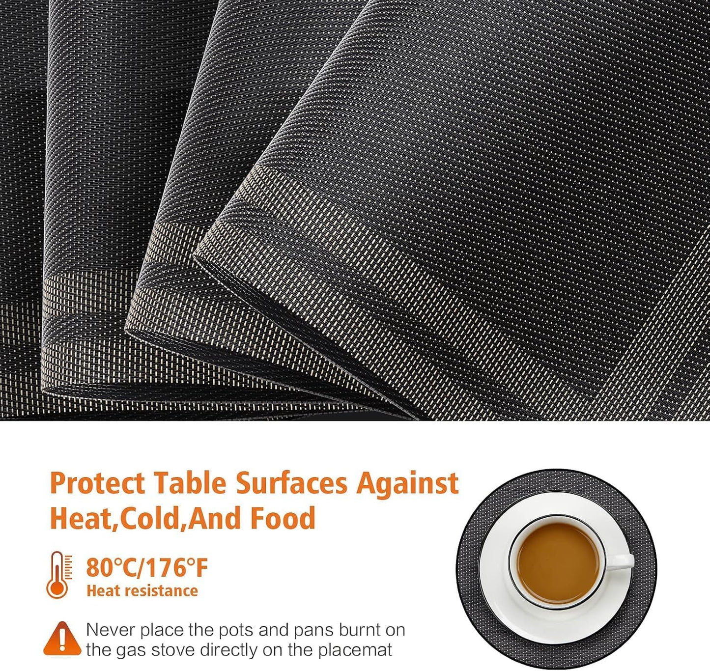 Placemats Set of 6,Washable,Heat and Stain Resistant Indoor/Outdoor Place mats,Vinyl Woven Non Slip Table Mats for Restaurant Table Protection,PVC Placemats(Black Gold,6PCS)
