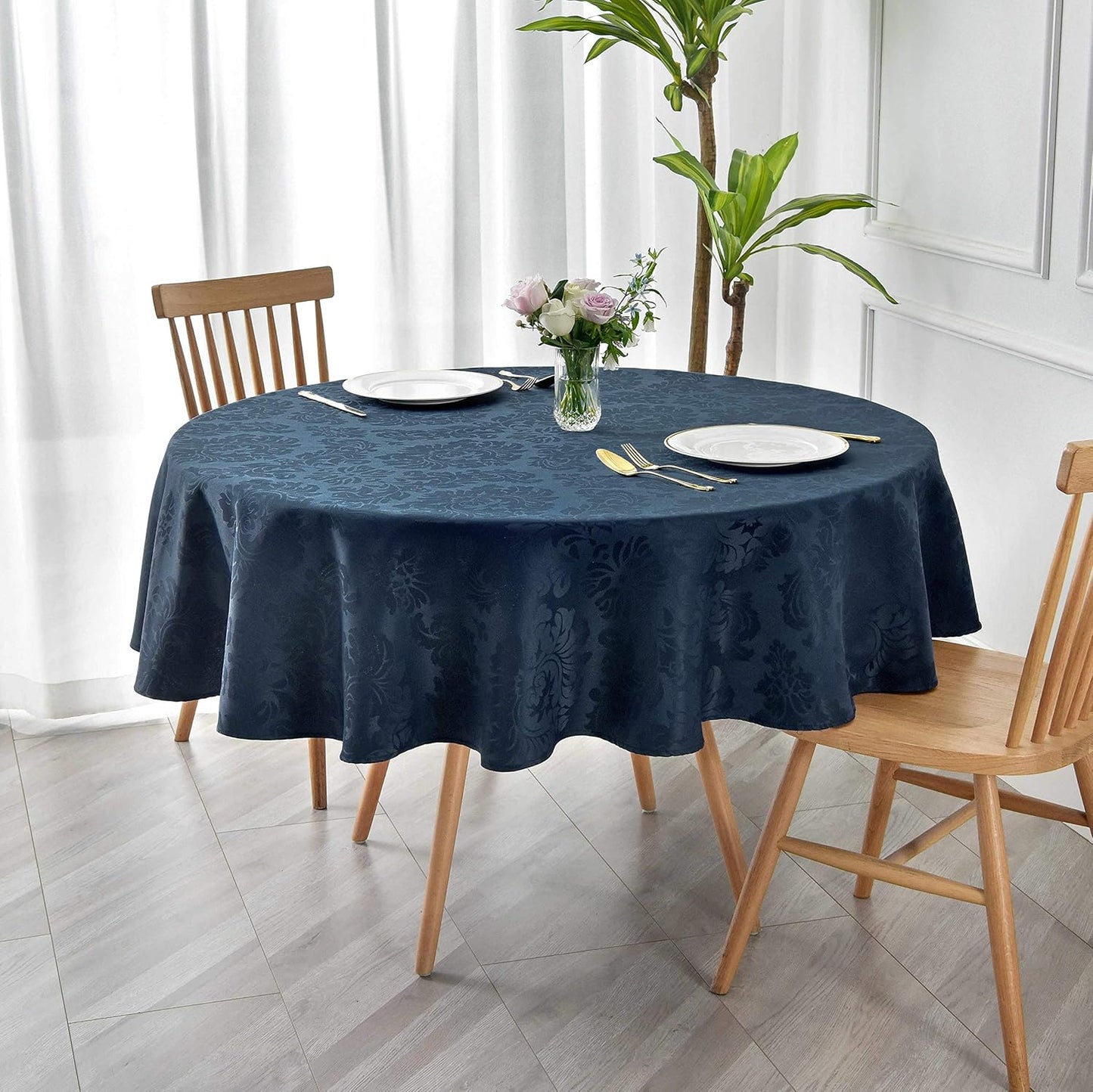 maxmill Jacquard Round Table Cloth Damask Design Waterproof Antiwrinkle Heavy Weight Soft Tablecloths for Circular Table Cover and Kitchen Dinning Tabletop Round 70 Inch Navy Blue