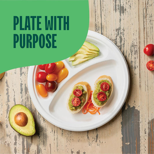 100% Compostable Paper Plates 10 Inch Bulk [500 Count] Heavy-Duty Dinner Plates with Compartments - Natural White Color Bagasse - Eco-Friendly Disposable Biodegradable Sugarcane - [Case 4/125 Pack]