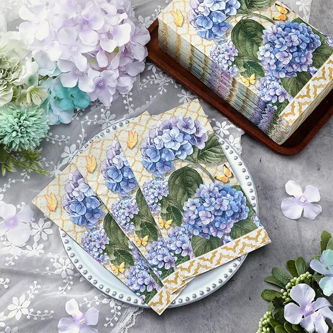 Karenhi 200 Pcs Hydrangea Guest Napkins 2 Ply Spring Paper Guest Towels for Bathroom Butterfly Disposable Hand Towels Blue Decorative Dinner Napkins Bridal Shower Napkins for Wedding Bathroom Party