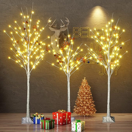 AWQM 4 Feet 5 Feet and 6 Feet Lighted Cherry Blossom Tree, Pack of 3, 200 LED Lights 24 Maple Leaves 24 Balls, for Home, Festival, Party, and Christmas Decoration, Indoor and Outdoor Use (White)