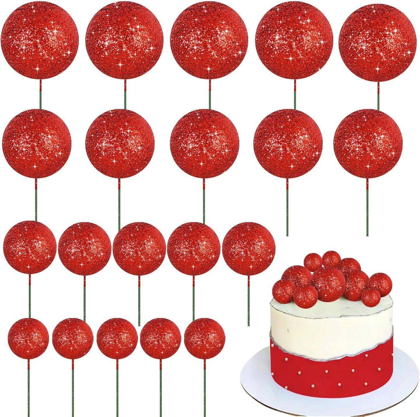 BEISHIDA 20 PCS Red Glitter Bling Mini Ball Cake Toppers Foam Cake Balls Decoration Supplies for Happy Birthday Anniversary Wedding Baby Shower Graduation Christmas Cake Decorations