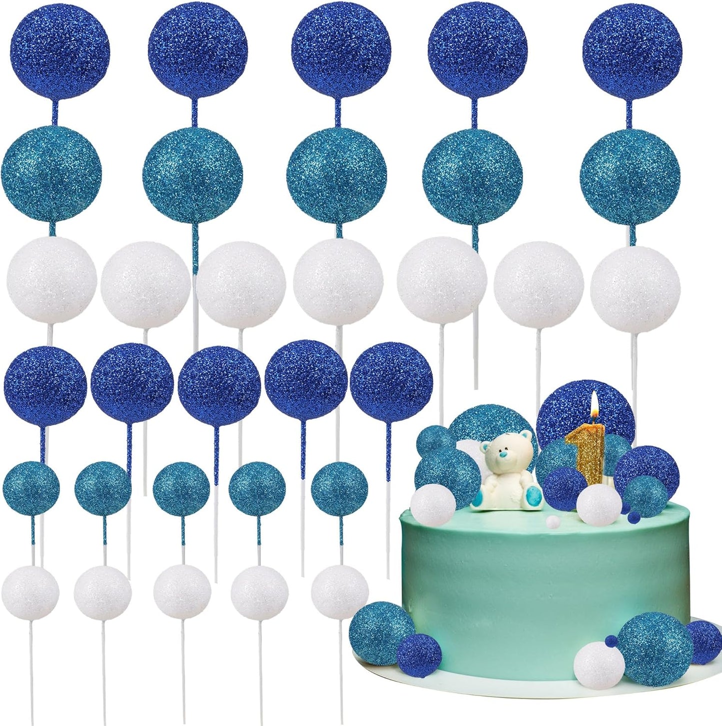 30Pcs Glitter Balls Cake Topper Foam Ball Cake Picks Mini Balloon DIY Cake Insert Topper Decoration for Baby Shower Wedding Anniversary Birthday Graduation Party Cake Decorations White Blue Deep Blue