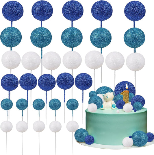 30Pcs Glitter Balls Cake Topper Foam Ball Cake Picks Mini Balloon DIY Cake Insert Topper Decoration for Baby Shower Wedding Anniversary Birthday Graduation Party Cake Decorations White Blue Deep Blue
