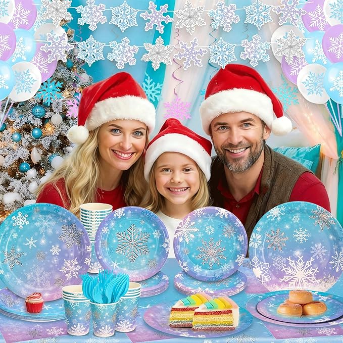 149Pcs Winter Snowflake Wonderland Paper Plates and Napkins Set,Frozen Birthday Party Decorations,for Christmas Winter Holiday New Year Party Supplies,Serves 24