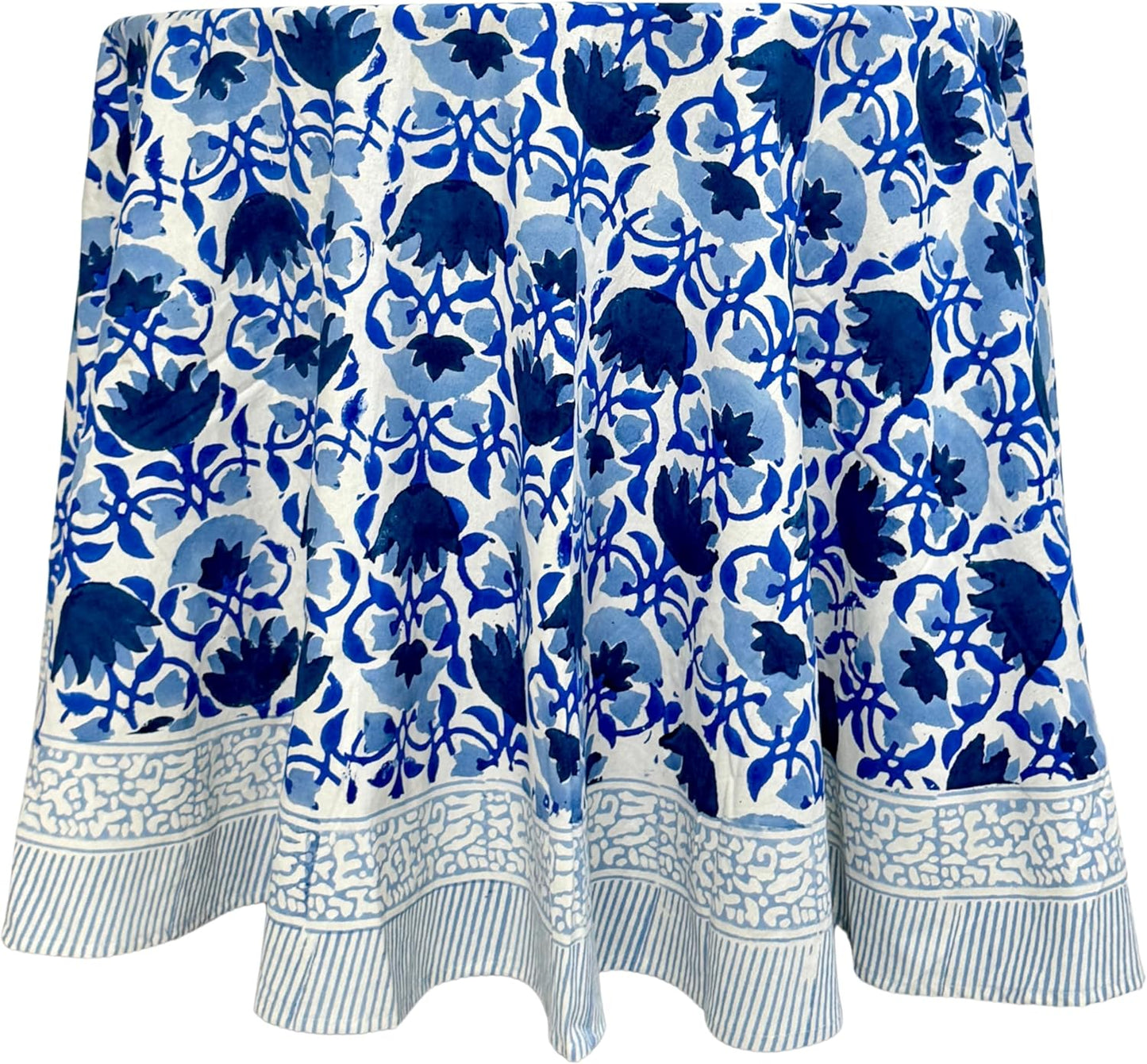 ATOSII Positano Blue 100% Cotton Round Boho Spring Summer Tablecloth, Handblock Floral Table Cloth Linen for Kitchen Dining I Parties Weddings Outdoors Grand Millennial I 60" Inches Round I 4 Seater