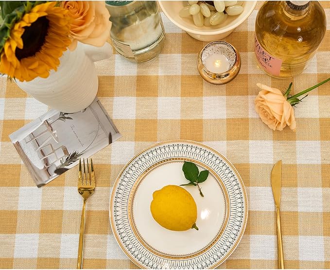 Table Cloth Rectangle Table-Rustic Gingham Tablecloth Buffalo Plaid Table Cloth for Spring Summer Kitchen Dining Room (55x84 Inch,Yellow and White)