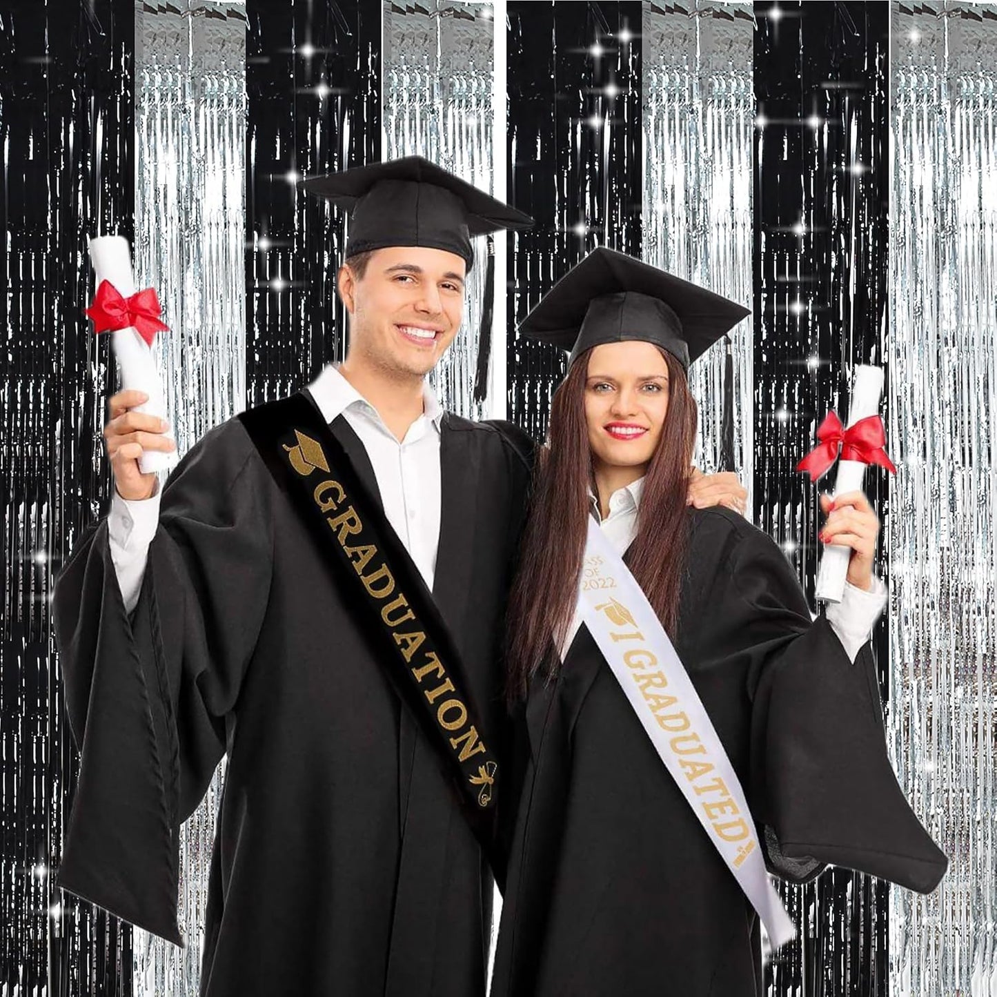TONIFUL Silver Black Door Streamers,Silver and Black Photo Booth Backdrop Metallic Streamers Foil Fringe Curtain for Birthday,New Year,Graduation,Grad,Bachelorette Party Streamers Decoration