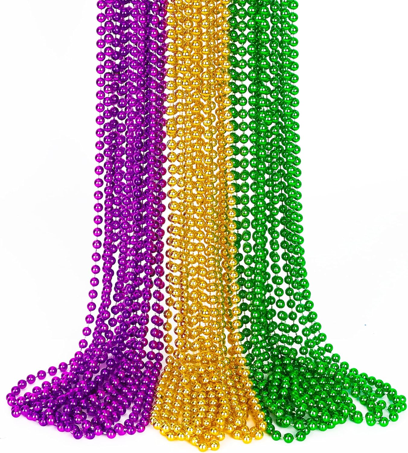 15PCS Mardi Gras Beads, Green Purple Gold Mardi Gras Necklace Accessories, 33" Round Festival Beads Carnival Party Favors Bulk, Beads Necklace for Parade Throws Party Decorations Costumes Supplies