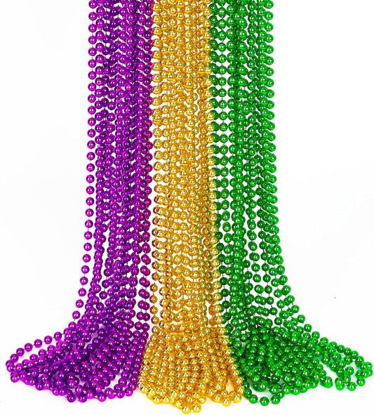 15PCS Mardi Gras Beads, Green Purple Gold Mardi Gras Necklace Accessories, 33" Round Festival Beads Carnival Party Favors Bulk, Beads Necklace for Parade Throws Party Decorations Costumes Supplies