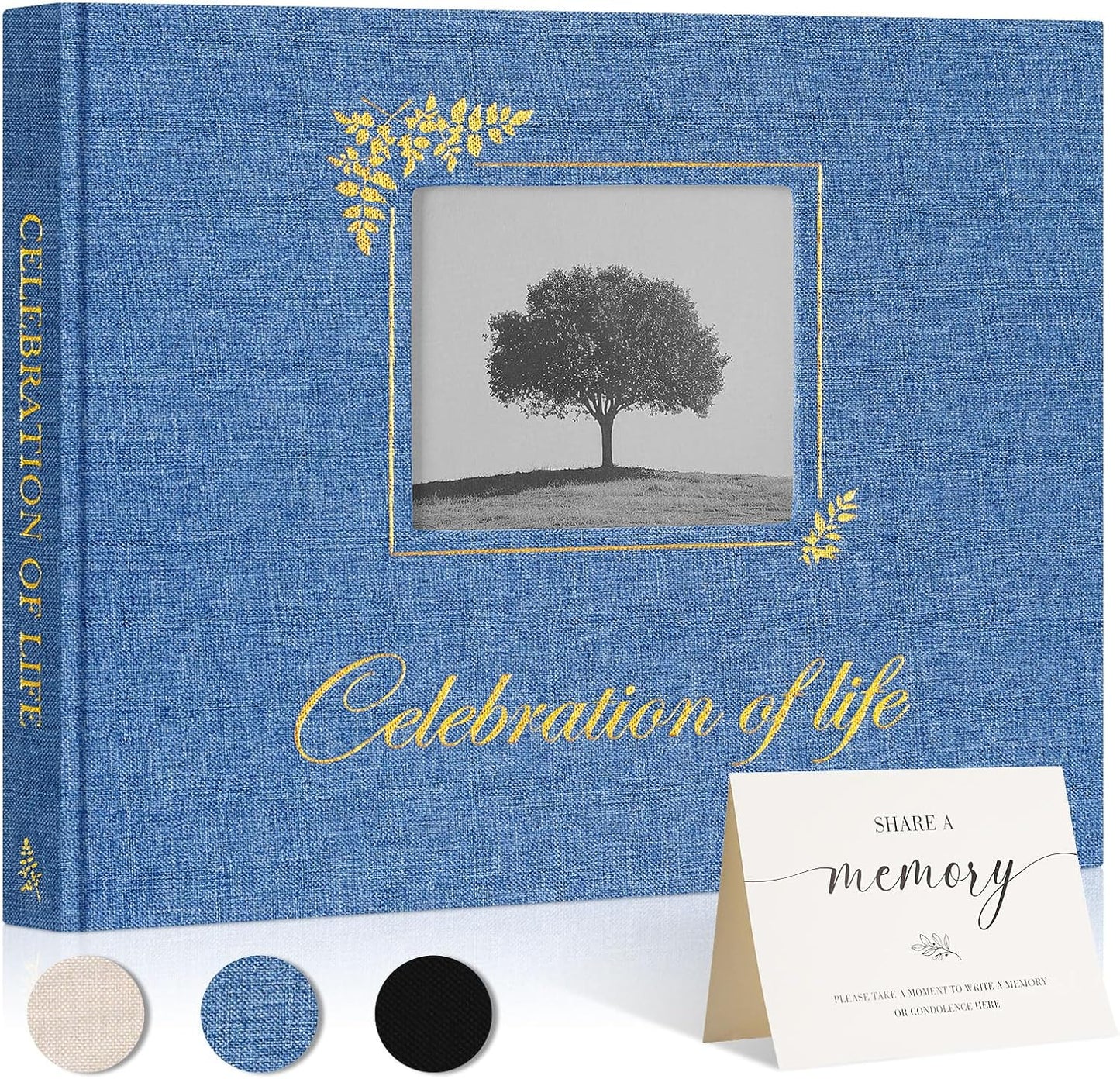 Lanpn Funeral Guest Book for Memorial Service, Linen Celebration of Life Registry Guest Book with Open Window, Memory Book for Funeral with Table Sign, Funeral Favors Sign in Books for Guests, Blue