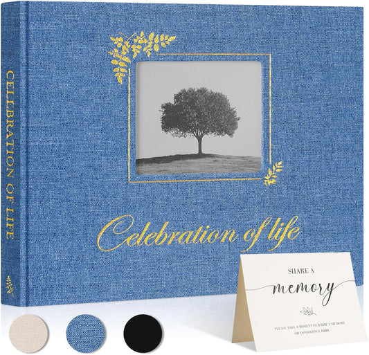 Lanpn Funeral Guest Book for Memorial Service, Linen Celebration of Life Registry Guest Book with Open Window, Memory Book for Funeral with Table Sign, Funeral Favors Sign in Books for Guests, Blue