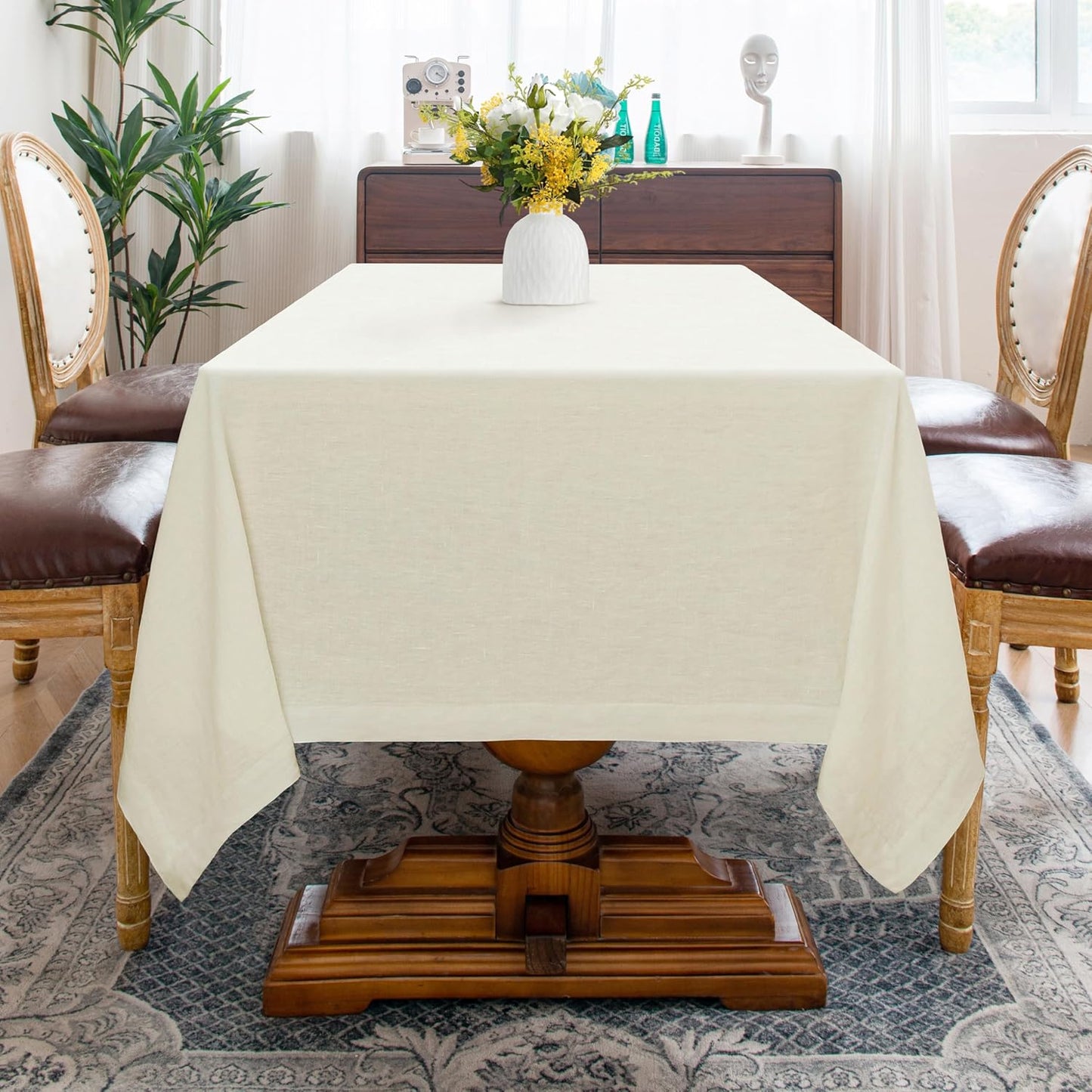 Linen World 100% Linen Tablecloth,Cream Tablecloth 90" x 60" Inch,Washable Rectangular Tablecloth for Dining,Outdoor,Weddings and Restaurants,Decorative Thanksgiving Christmas,Jacquard Weave Design
