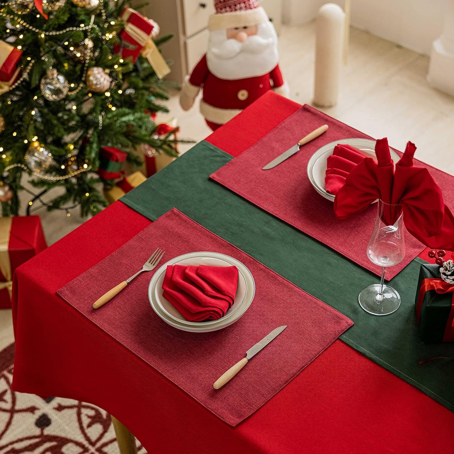 Home Brilliant Cloth Placemats Set of 8 Red Linen Placemats for Christmas Dinner Heat Resistant Dining Table Mats Kitchen Place Mats, Dark Red Burgundy