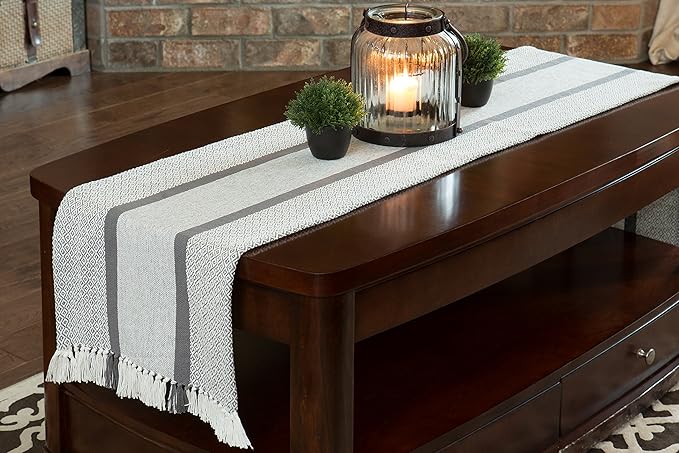 Sticky Toffee Cotton Table Runner, 14 x 72 Inch, Gray Woven Farmhouse Boho Striped Table Décor for Kitchen or Dining