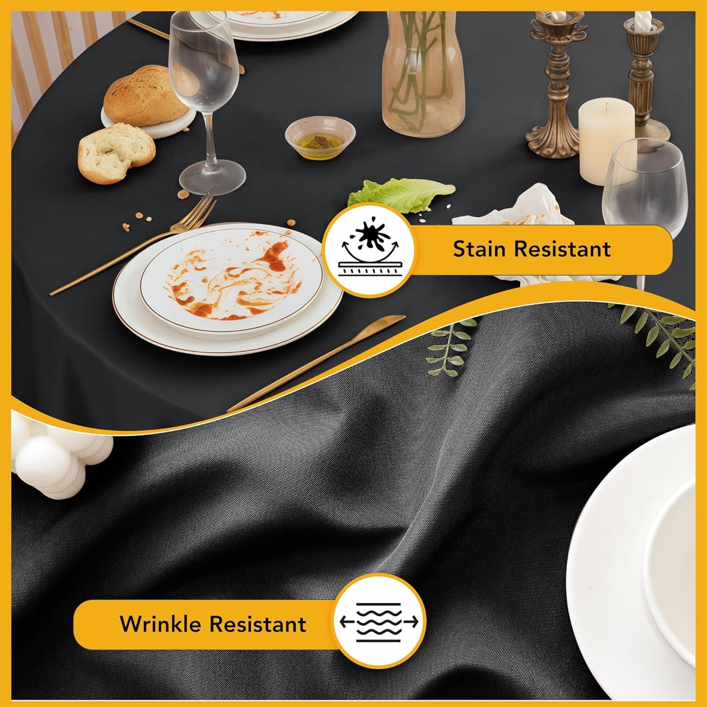 10-Pack Black Round Tablecloths, 70 Inches, Stain-Resistant Polyester for 3-4 Ft Round Tables - Washable Table Covers for Weddings, Banquets, Birthday Parties, Events