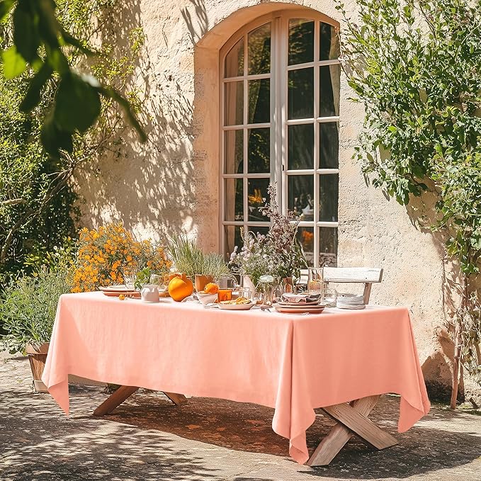 Linen World Linen Tablecloth,100% French Natural Flax Tablecloth 108" x 60" Inch,Washable Rectangular Table Cloth for Dining,Outdoor,Weddings and Restaurants,Decorative Christmas,Peach Pink