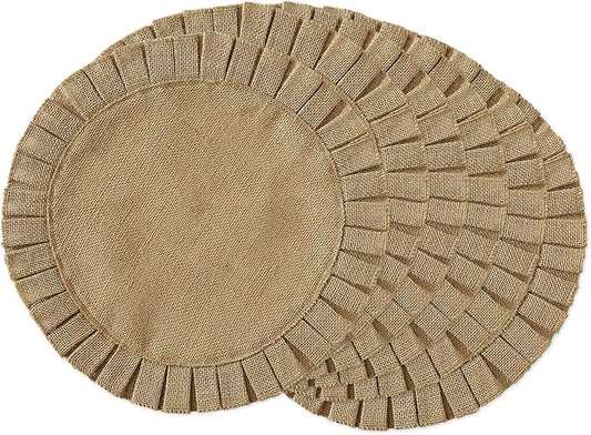 DII Jute Burlap Collection Kitchen Tabletop, Placemat Set, 15" Round, Ruffle Trim Natural, 6 Count