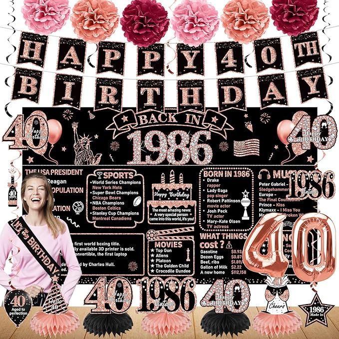 Zirtorei 40th Birthday Decorations for Women, 21pcs the Year 1986 Banner Balloon Party Supplies, Rose Gold 40 Year Old Birthday Backdrop, 40 Bday Honeycomb Centerpiece Hanging Swirls Sash Gifts