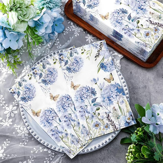 Karenhi 200 Pcs Watercolor Hydrangea Guest Napkins 2 Ply Spring Paper Guest Towels for Bathroom Blue Floral Disposable Hand Towels Decorative Dinner Napkins Bridal Shower Napkins for Wedding Party