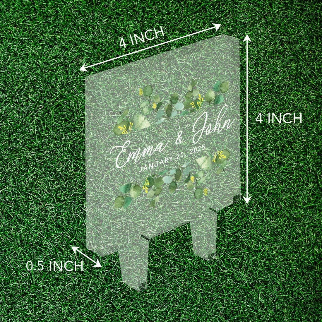 Andaz Press Silver Dollar Eucalyptus Greenery Custom Wedding Cake Topper, Acrylic Square Personalized Couple Cake Topper