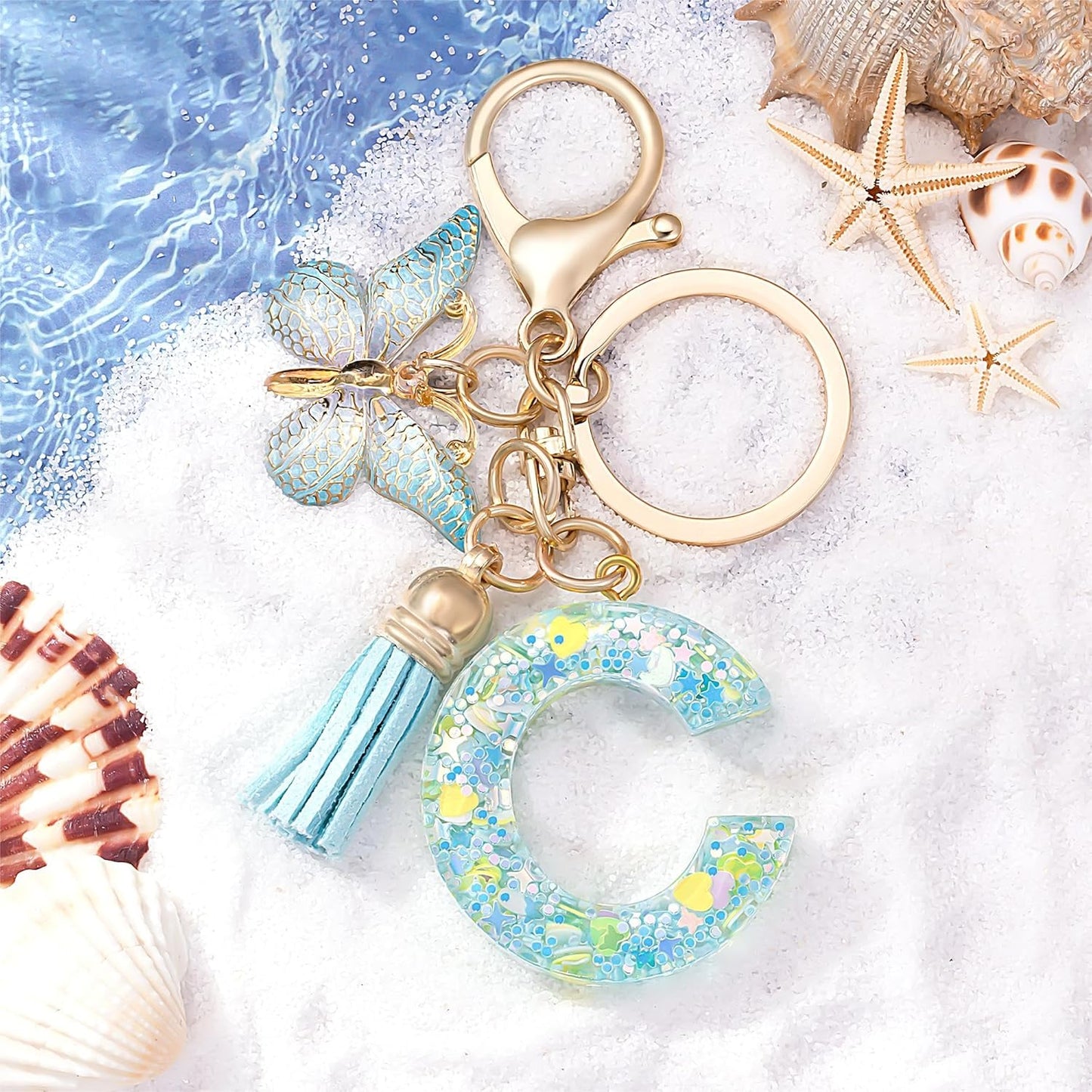 Fashion Alphabet Initial Letter Keychain Tassel Butterfly Pendant Key Ring for Purse Handbags Women Girl