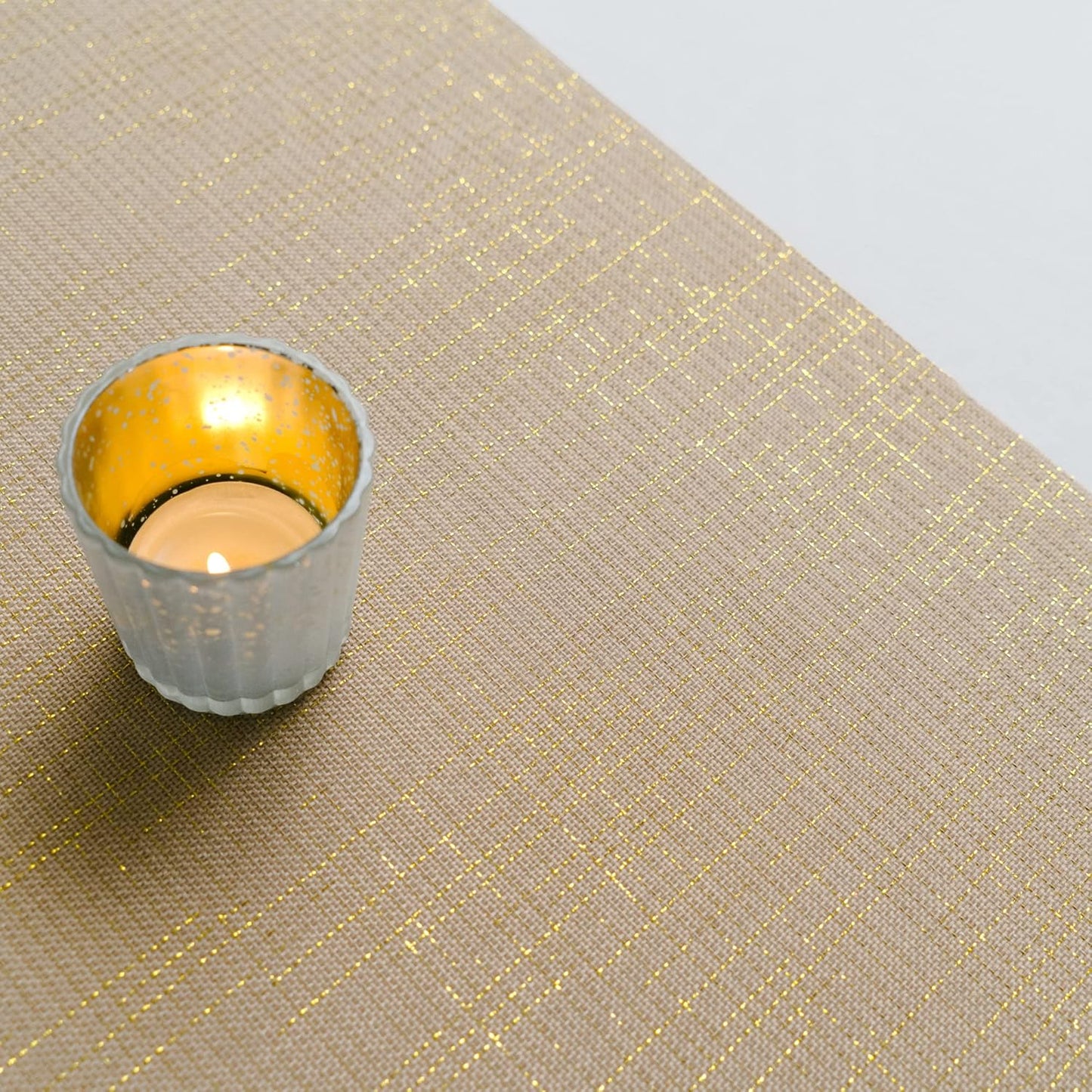 PapaKit Sparkle Metallic Gold Stripes Faux Burlap No-Iron Table Runner 13.5" x 36ft (12 Yard) for Holidays, Wedding Decoration, Parties and Everyday Décor
