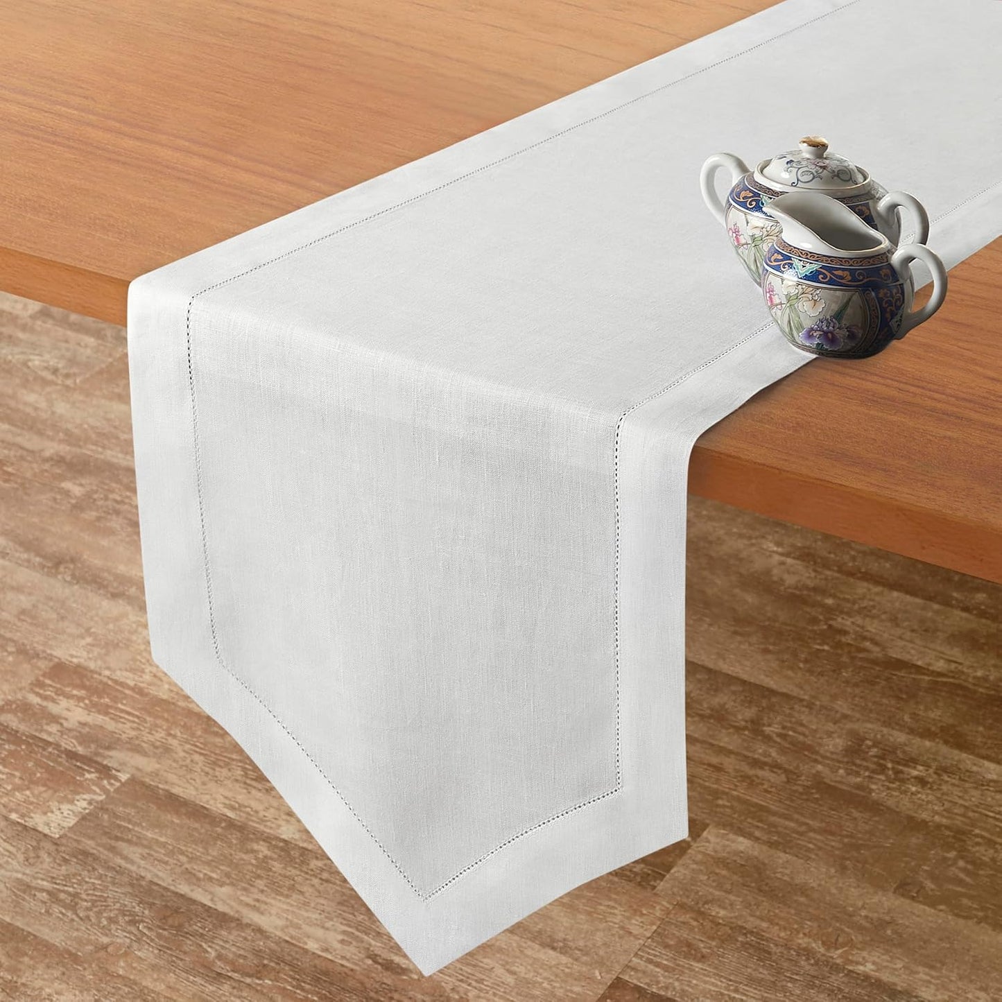 D'Moksha Homes White Linen Table Runner 48 Inches Long - 100% Pure Linen Diamond Table Runner 14 x 48 Inch for Dining, Fall and Halloween - Machine Washable