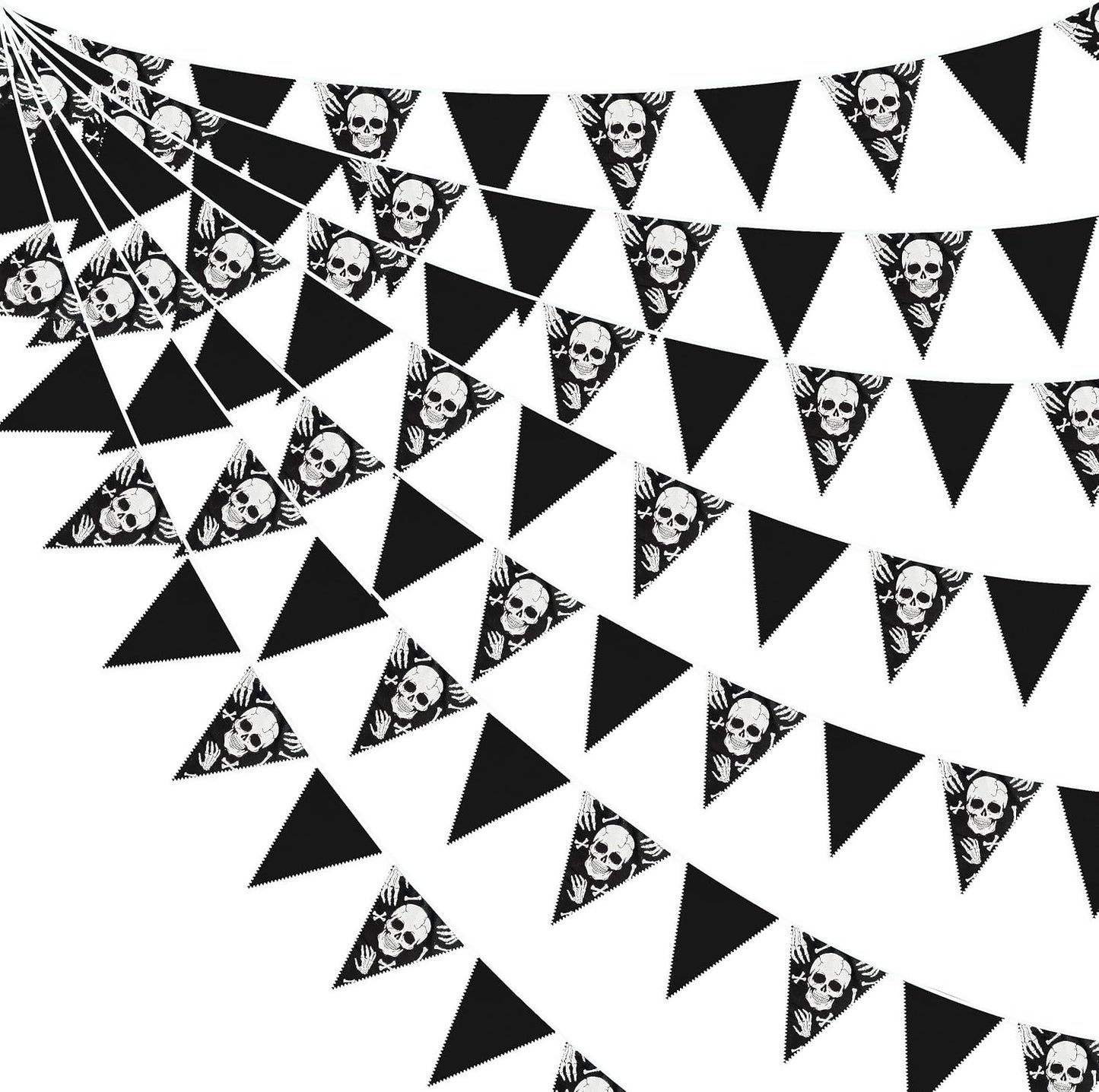 32Ft Black White Halloween Party Decorations Skull Fabric Pennant Pirate Banner Triangle Flag Bunting Garland Streamers for Halloween Pirate Birthday Jolly Roger Wedding Home Outdoor Party Supplies