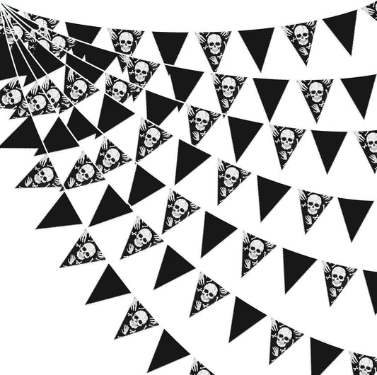 32Ft Black White Halloween Party Decorations Skull Fabric Pennant Pirate Banner Triangle Flag Bunting Garland Streamers for Halloween Pirate Birthday Jolly Roger Wedding Home Outdoor Party Supplies
