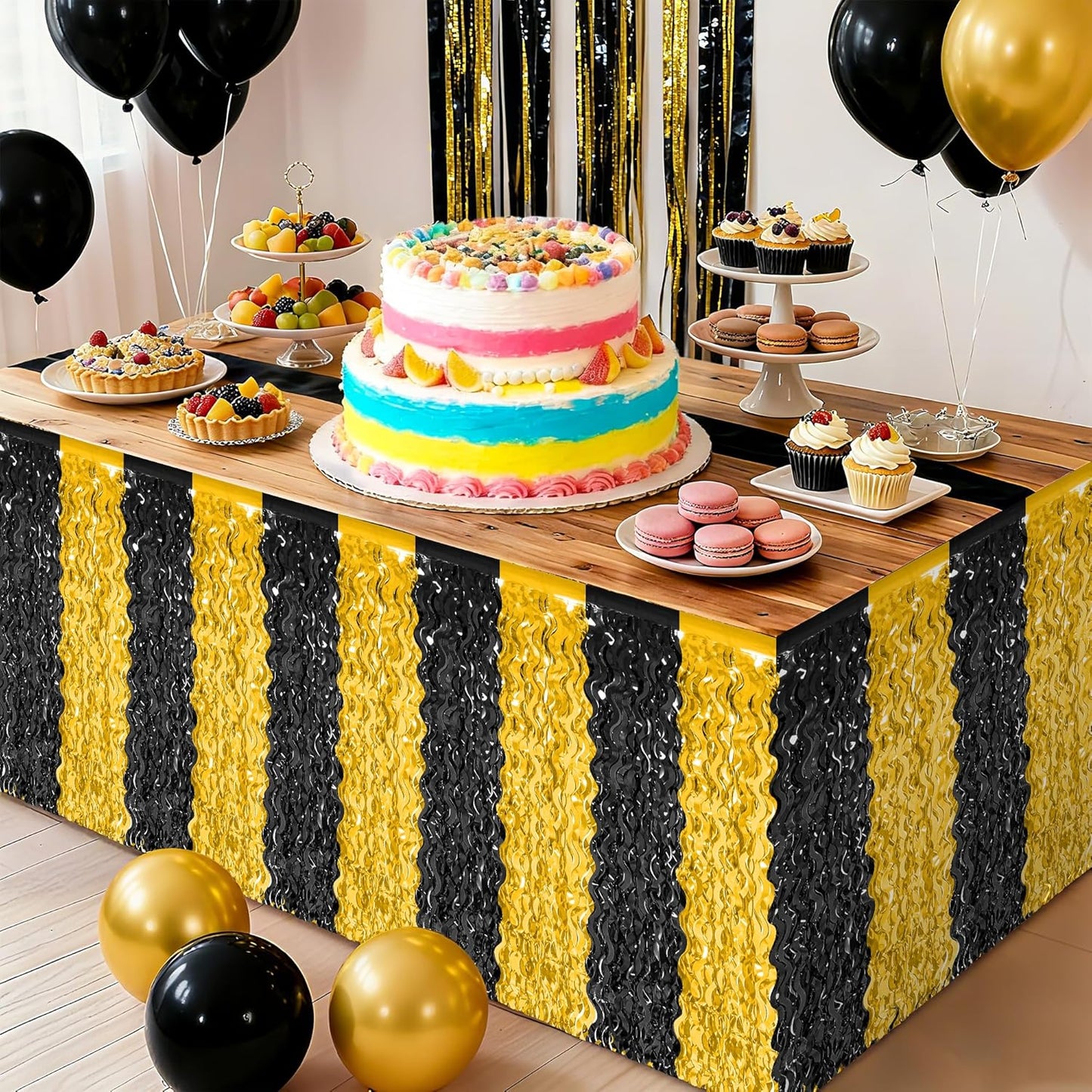 2 Pack New Years Desk Skirt, Black Gold Grass Skirt for Table, New Years Metallic Wavy Tinsel Foil Fringe Table Skirts, Table Curtain Skirts for Graduations Wedding Birthday Indoor Party Decorations