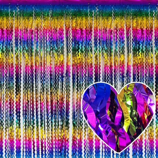 4 Pack Rainbow Fringe Curtain Backdrop 3.2Ft x 8.2Ft Metallic Tinsel Foil Fringe Streamers Background for Photo Booth Mother's Day, Easter, Carnival, Birthday, Wedding Party Decoration