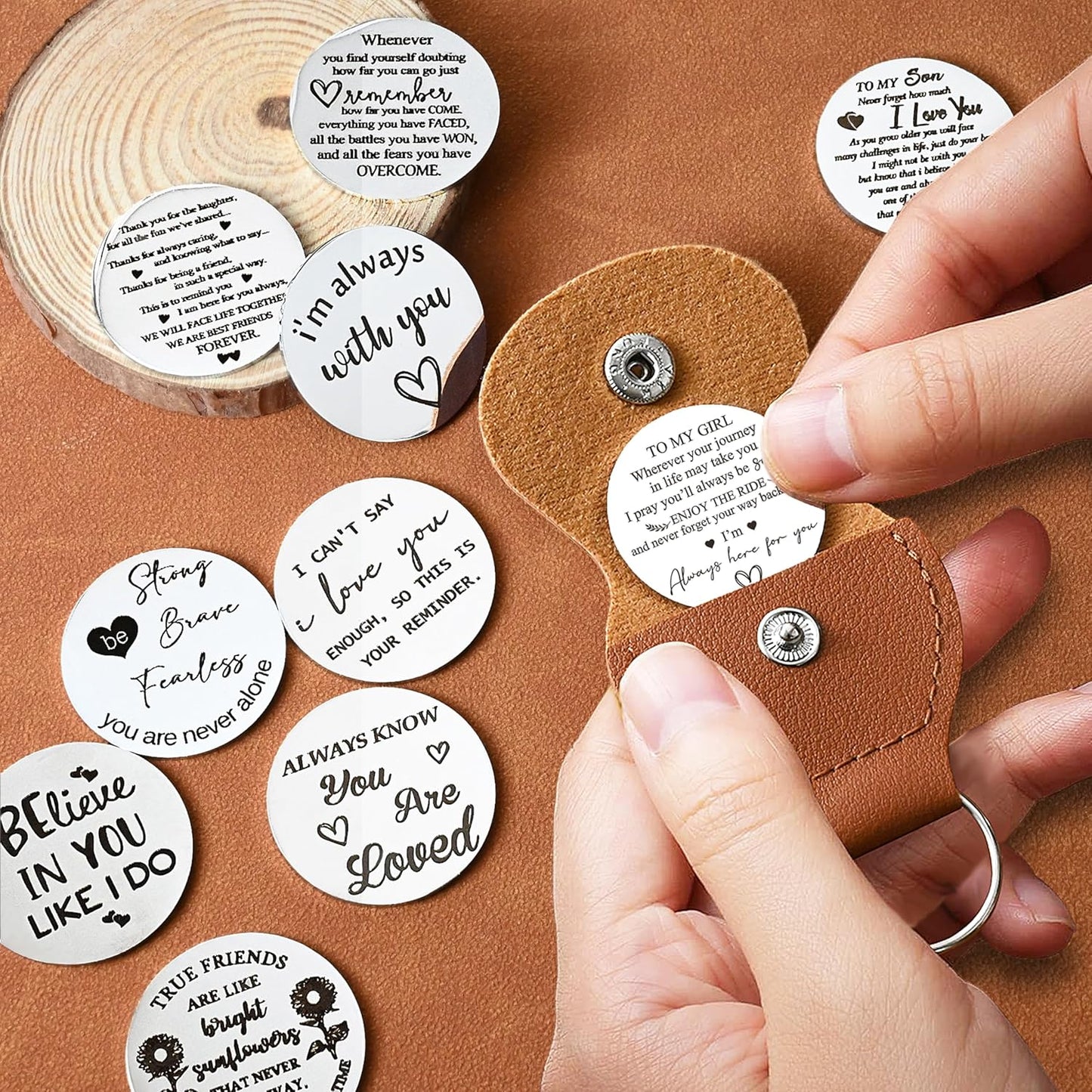 OUMILAN Pocket Hug Token Gifts for Men Boyfriend Girlfriend Inspirational Gift for Son Daughter Brother with Leather Keychain