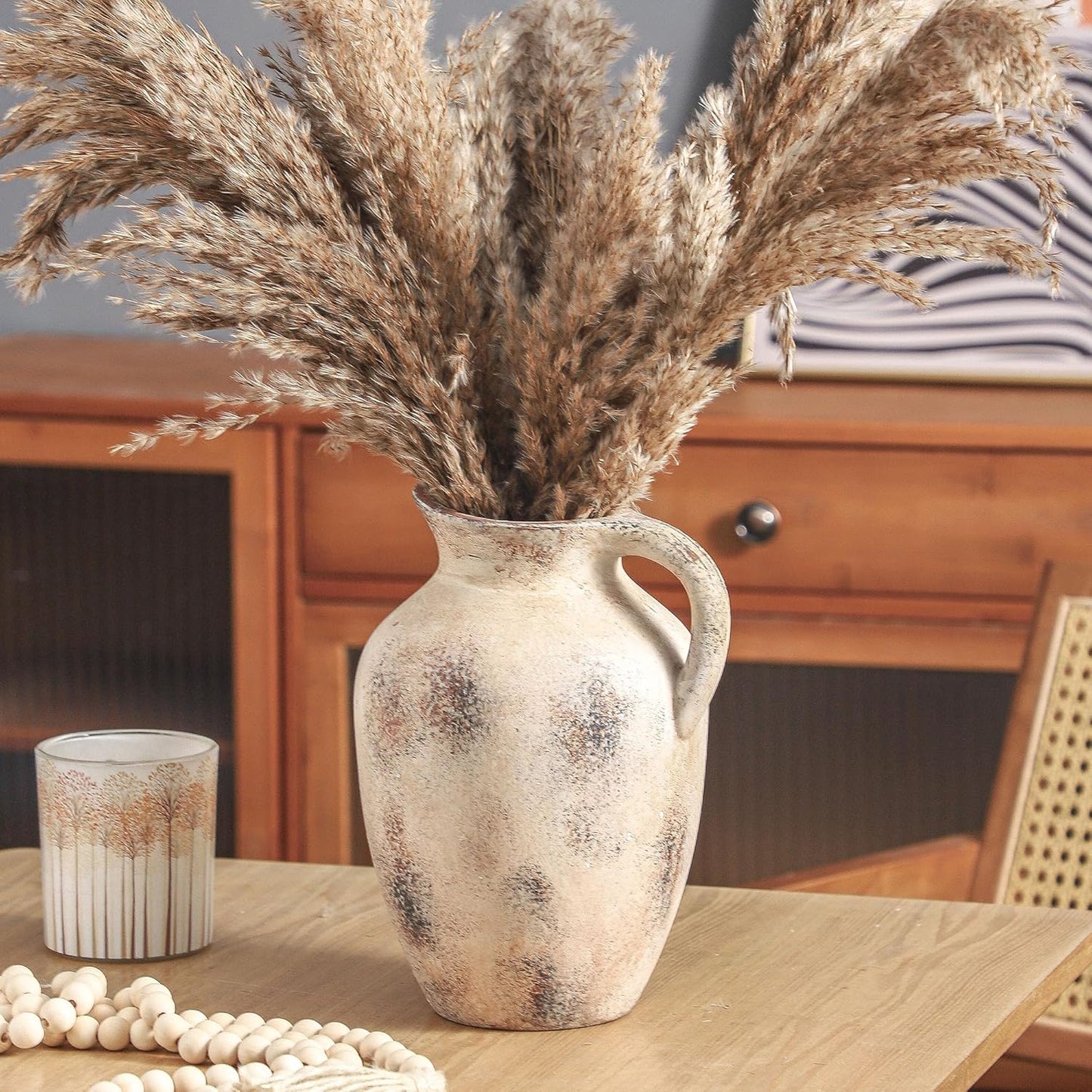 Vintage Farmhouse Pottery Vase, 9.7 inch Handcrafted Decorative Ceramic Vase for Home, Dining Table, Bathroom, or Bookshelf Accents