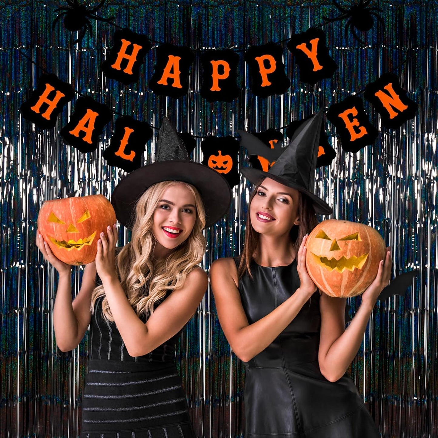 Melsan Halloween Party Decorations Tinsel Backdrop Streamers, Black Foil Fringe Curtains 3.2 ft x 8.2 ft for Halloween New Year Graduations Party Photo Booth Props Decorations, 2 Pack