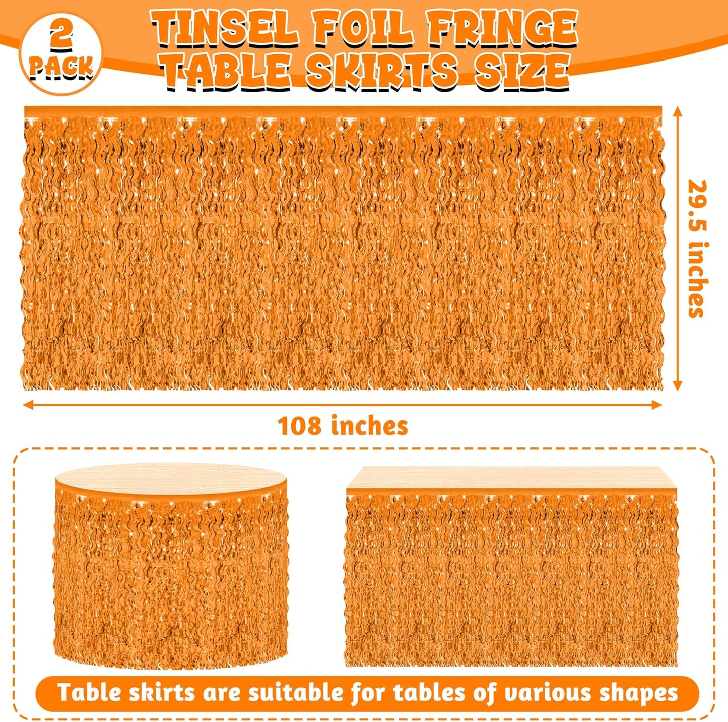 2 Pack Halloween Table Skirt Decor, Orange Fall Foil Grass Skirt for Table, Metallic Wavy Tinsel Foil Fringe Table Skirts, Table Curtain Skirts Thanksgiving Graduations Wedding Birthday Indoor Party