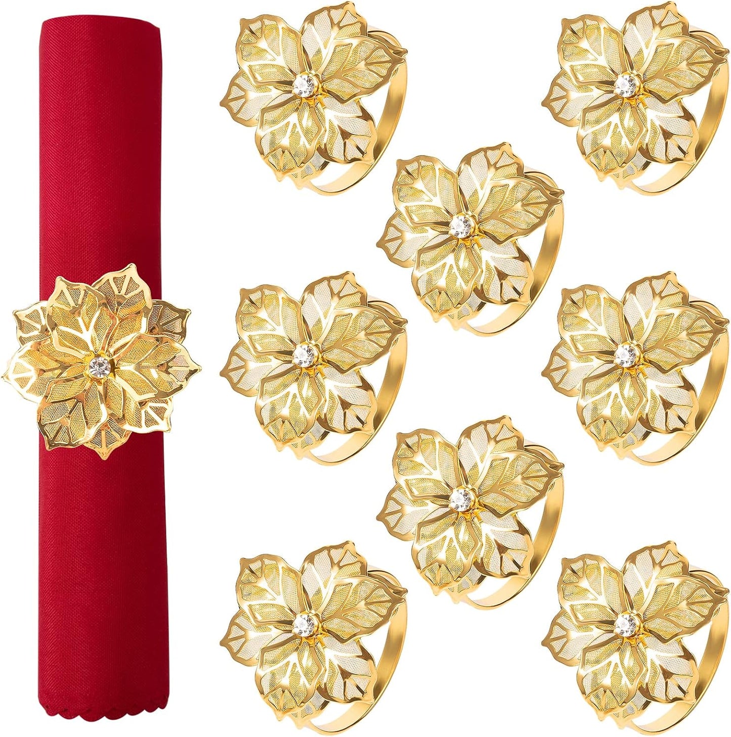 Napkin Rings- Gold Flower Napkin Holder Metal Napkin Buckle for Holiday Party Dinner Wedding Dining Table Decoration (Set of 8)