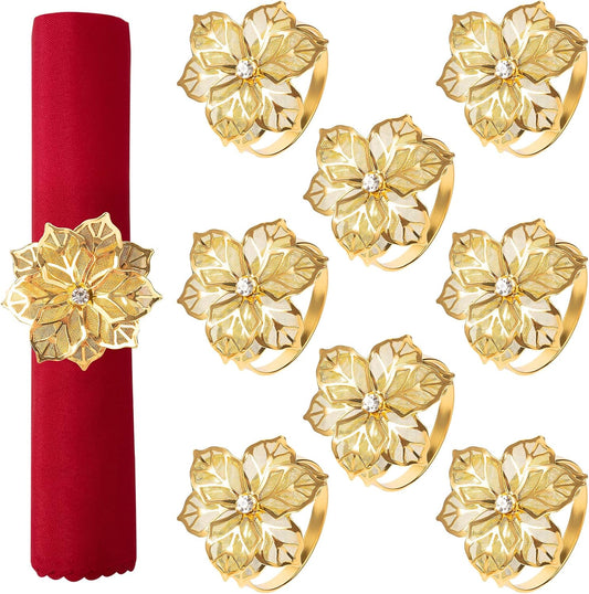 Napkin Rings- Gold Flower Napkin Holder Metal Napkin Buckle for Holiday Party Dinner Wedding Dining Table Decoration (Set of 8)