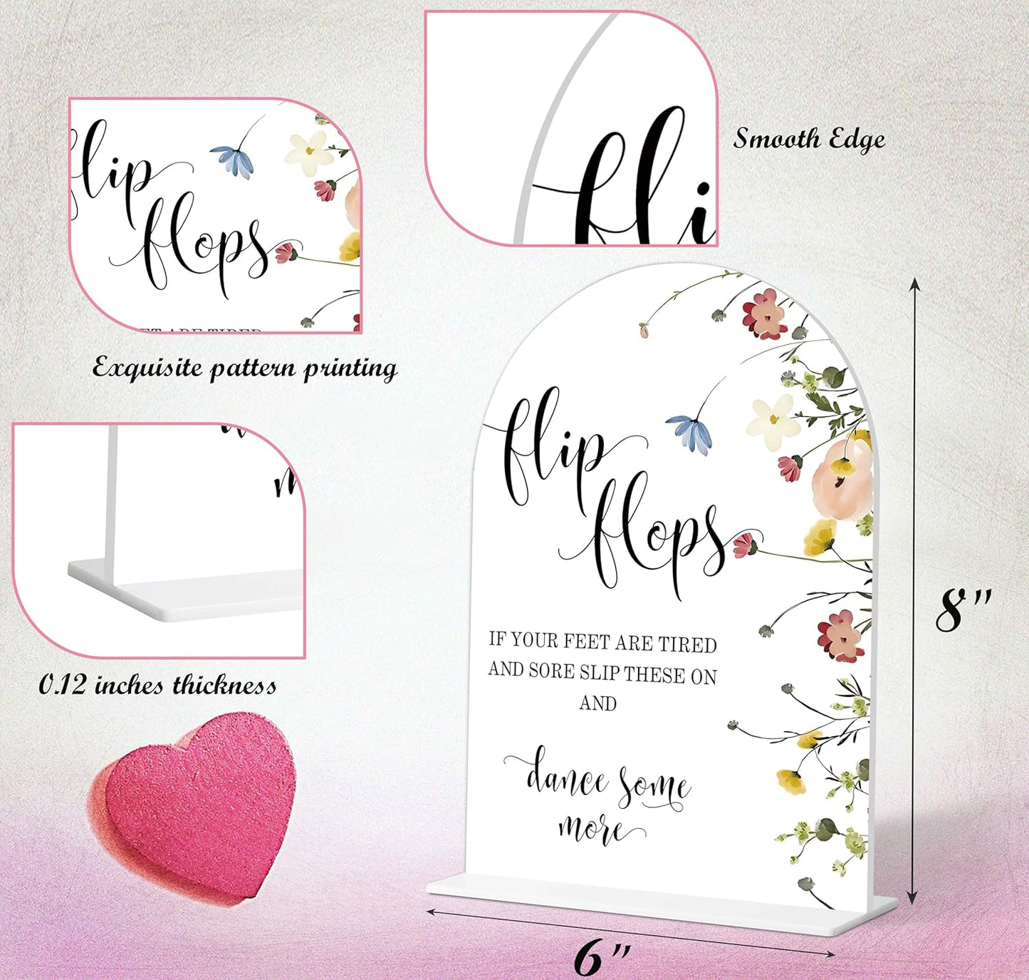 Wedding Flip Flops Sign, Flower Style Wedding Signs for Reception for Bridal Shower and Reception, Bridal Shower Decorations, Wedding Shower Favors, 6X8 Inch Acrylic Arch Sign with Stand,36