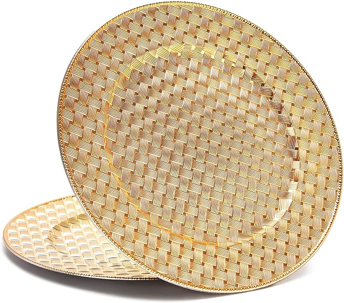 12 Pack Reusable Gold Charger Plates, 13 Inch Round Plastic Dinner Chargers, Decorative Centerpiece Plates for Home Decor, Thanksgiving, Christmas (Checkered Gold, 12 PCS)